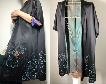 Vintage 1940s -50s satin swing coat hand painted black green midi jacket duster robe