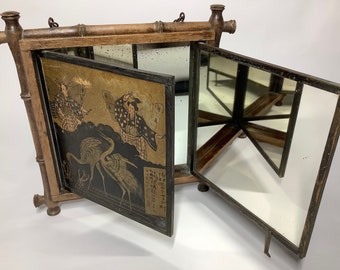 Antique mirror Victorian triptych mirror trifold vanity mirror 19th century chinoiserie mirror Japanese mirror wall hanging mirror late 1800