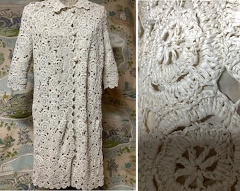 Vintage OOAK raffia lace duster coat 1950s woven straw crochet weave coat Italian unique long pale jacket