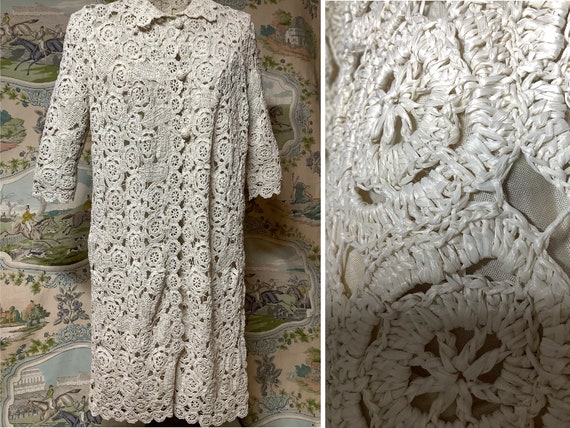 Vintage OOAK raffia lace duster coat 1950s woven … - image 1