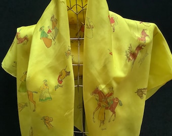Vintage rare 1930s 40s novelty scarf illustrated themed scarf with horses /Edwardian ladies fashion scarf by Thirkell bright yellow