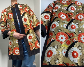 Vintage 1960s brocade jacket robe kimono custom metallic gold red  silk geometric print embroidered oriental Japanese Asian opulent costume