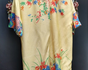 Antique 1920s kimono robe silk robe buttercup yellow, Chrysanthemum blue iris/  Art deco duster/ dressing gown/ lounge wear.