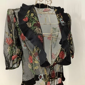 Vintage 1930s sheer silk tulle blouse hand painted floral details concertina edged detail XS blouse art deco blouse