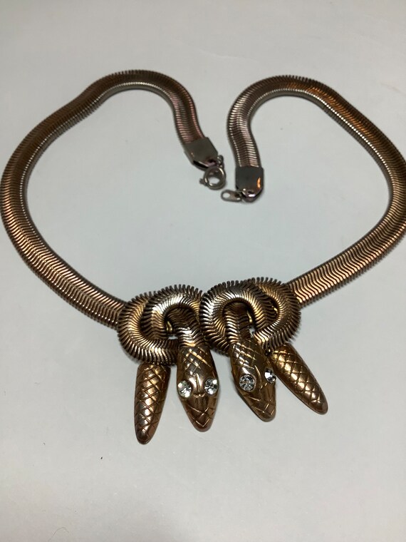 Vintage Art deco snake necklace, double headed ch… - image 2