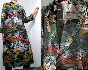 Vintage brocade robe Japanese Chinoiserie print house coat 1950s long coat Asian oriental export robe