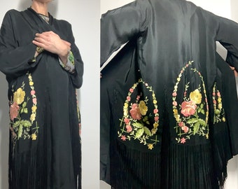 Vintage 1920er Jahre bestickter Morgenmantel Kimono-Stil Hausmantel Quaste Staubmantel Art-Deco-Antike Robe