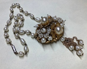 Vintage Miriam Haskell style necklace beaded pearls chain gold gilt 1930s to 1960s sautoir Edwardian style Victorian style necklace