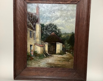 Antique Impressionist Oil Painting: Signed Village Landscape, Framed