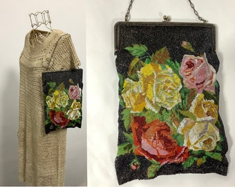 Antique micro beaded bag roses micro beaded 19th century wrist purse evening bag display larger size