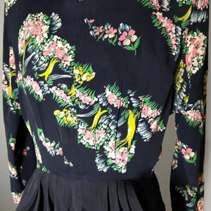 Vintage original 1940s novelty print dress trees print peplum detail black dress with florals
