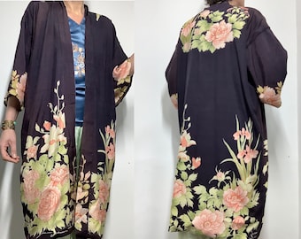 1920s silk robe floral Antique kimono robe Art deco design black green pink Japanese screen printed robe