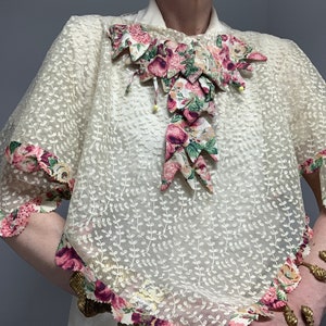 Vintage cape 1920s style lace appliqué tulips custom made jabot blouse throw over cotton pale cream floral one of a kind hand made.