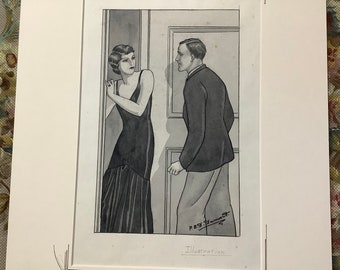 Original 1930s ink drawing illustration pen and ink signed and mounted Art Deco sketch interior scene of man and woman home decor ephemera
