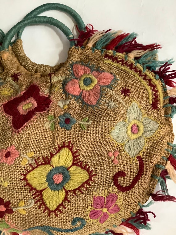 Vintage 1920s 30s embroidered bag linen hessian b… - image 9