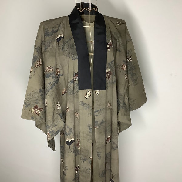 Vintage des années 1970 Kimono mens coton japonais robe laine kimono thème scène robe de chambre loungewear