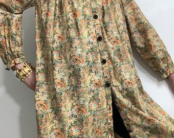 Vintage cotton floral smock dress midi blouse house coat duster robe botanical print tent shirt yellow ochre button down