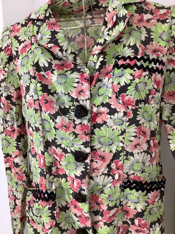 Vintage 1930s jacket green cotton blouse floral p… - image 1