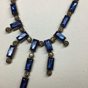 Antique crystal blue glass fringe necklace Edwardian Art deco rivière baguette paste