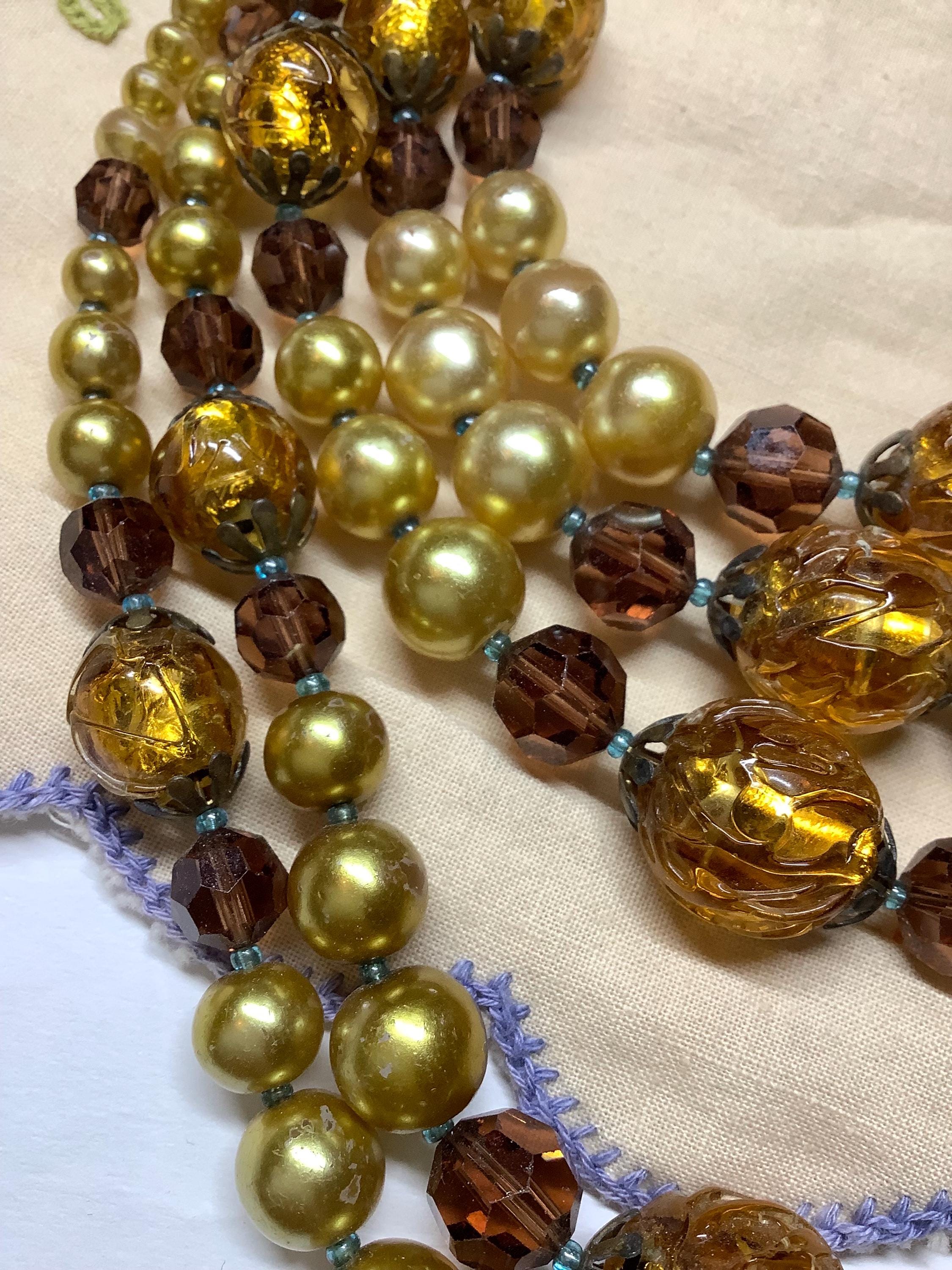 Vintage 1940s 50s Beaded Five Multiple Strand Necklace, Foiled 