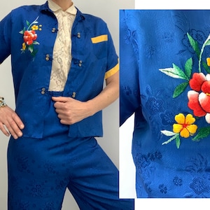Vintage rayon pyjama set oosterse geborduurde pyjama elektrisch blauw loungewear pak broek lingerie chinese pjs
