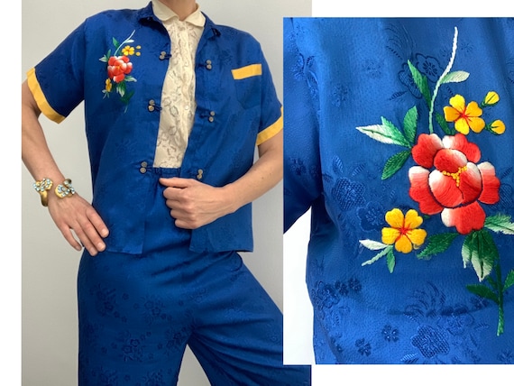 Vintage 1940s 1950s pyjama set oriental embroider… - image 1