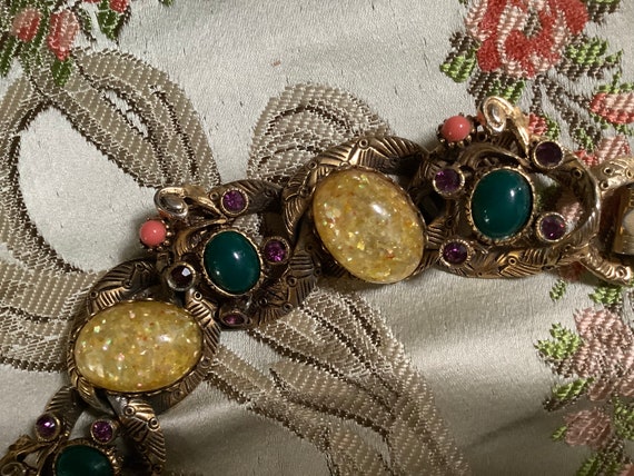Vintage 1940s 50s chain bracelet lucite cab stone… - image 9