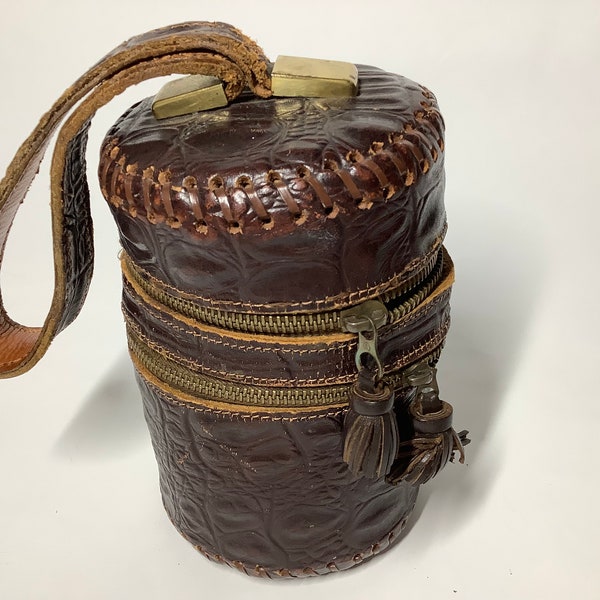 Vintage 1930s leather box bag brown wrist bag barrel bag zipper detail props for film unusual purse bag stitch detail with tassels