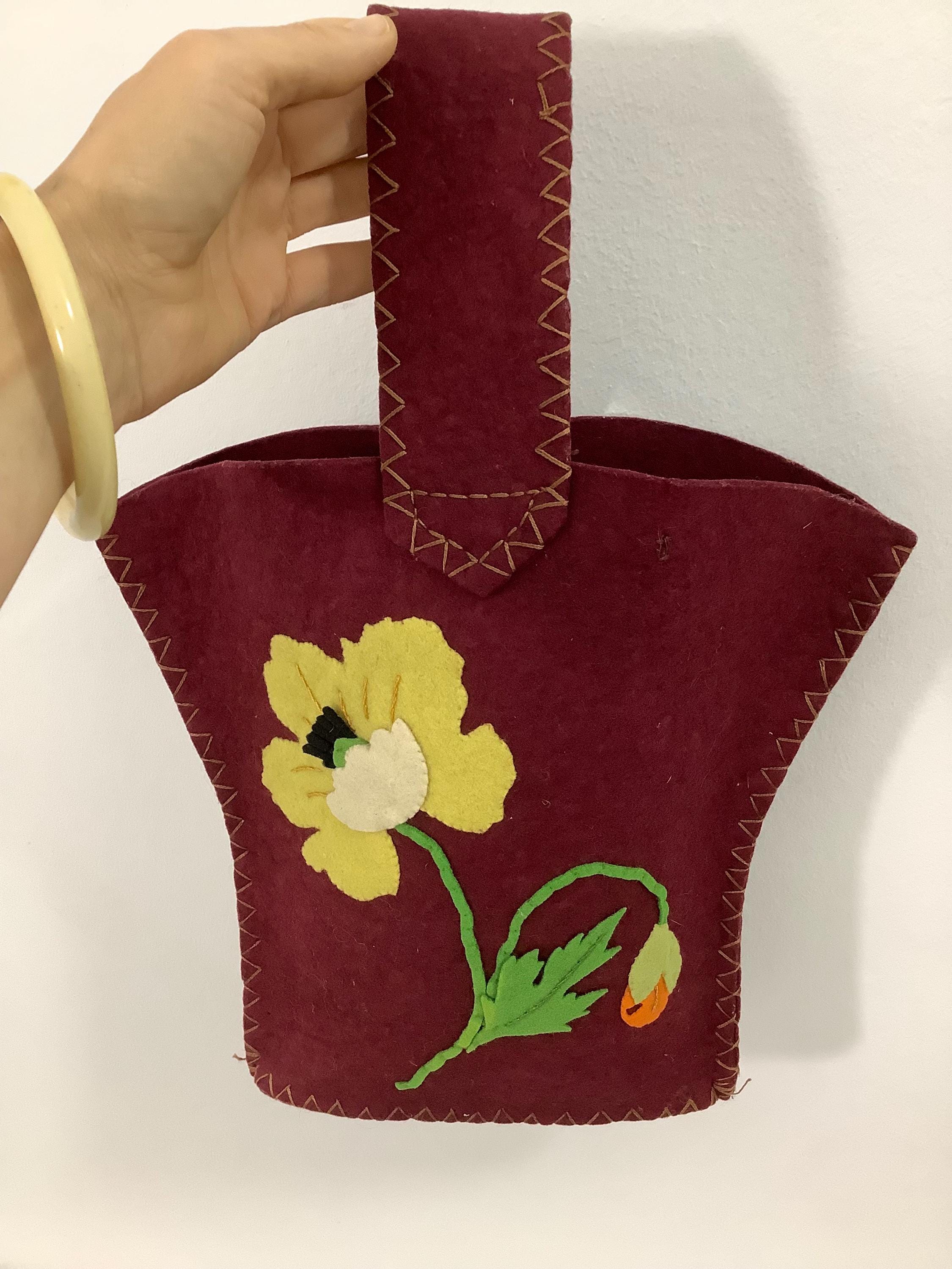 1940年代のヴィンテージ刺繍入りバケットバッグ、アップリケ付き小型 