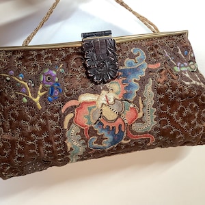 Antique 1920s Chinese embroidered purse chinoiserie wrist bag Brown silk purse with resin clasp
