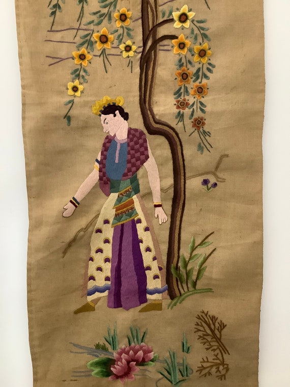 Antique embroidered fabric panel pelmet wall hanging early 1920s textiles interior home decor hand stitched folk style bohemian themed