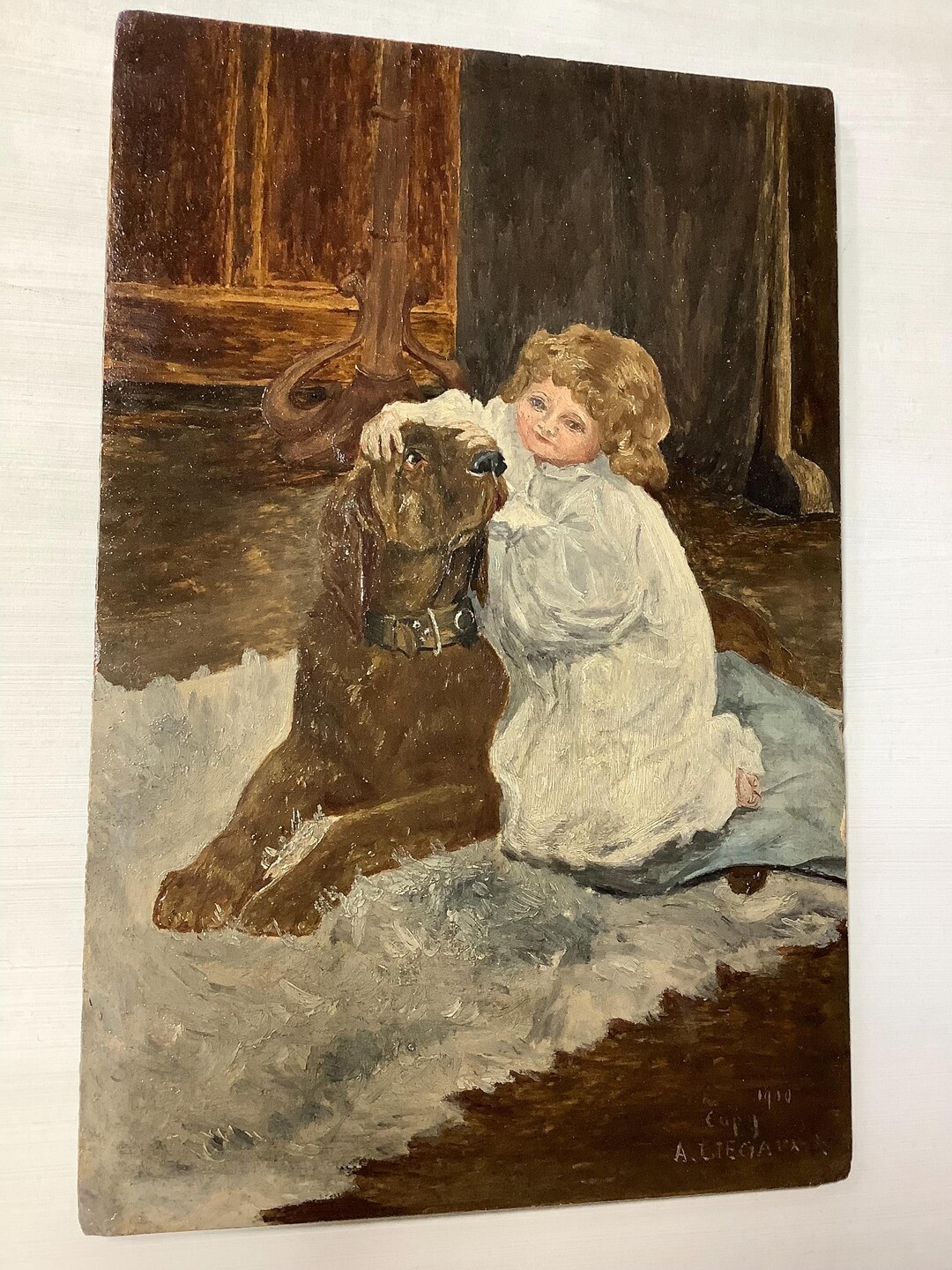 Victorian Oil Painting Girl With Dog on Rug Signed 1800s Small Oil on ...