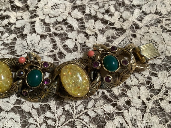 Vintage 1940s 50s chain bracelet lucite cab stone… - image 3