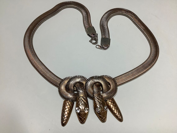 Vintage Art deco snake necklace, double headed ch… - image 1