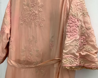 1920s 1930s silk robe peignoir with trapunto quilted floral hand embroidered flapper coat dressing gown soft pink peach Antique