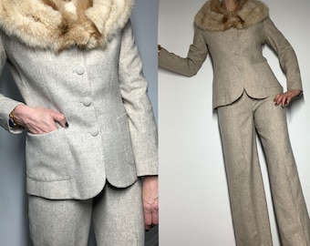 Vintage 1970s Lilli Ann wool suit with fur collar, 1970s original pant suit, blazer trousers grey modern style designer women’s wear