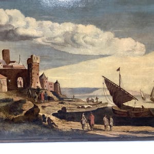 Antique 17th-18th century European oil painting on canvas seaside castle ships people
