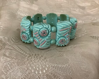 Parure Vintage Années 70 En Plastique Blanc Et Vert - Bracelet, Collier, Boucles D'Oreilles