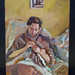 Original 1940 oil painting of woman impressionist signed sunny colours young lady sitting