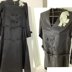 Vintage 1920s dress XS Art Deco tea dress black drop waisted vintage day dress flapper dress with bow detail long sleeves