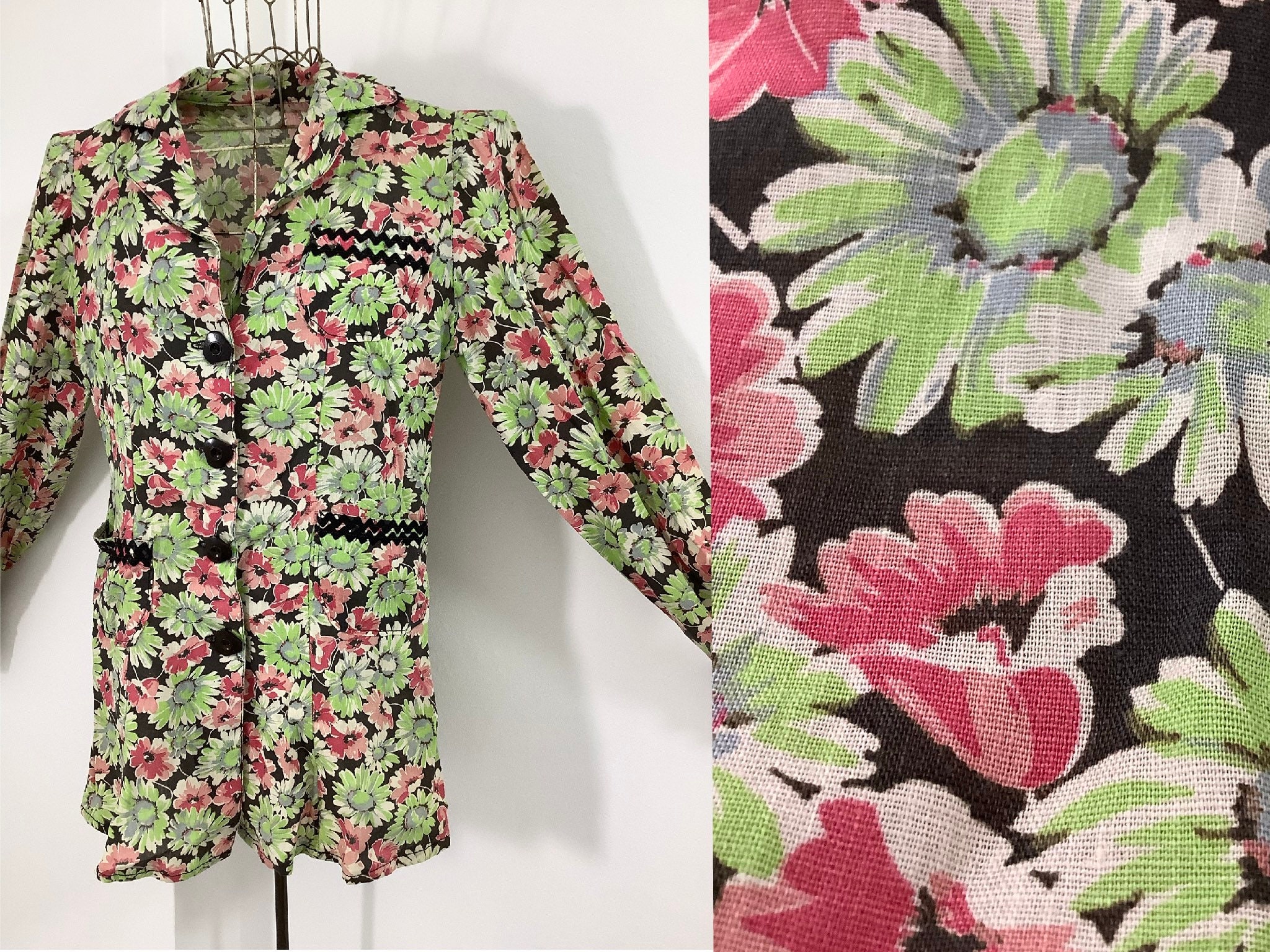 Vintage 1930s jacket green cotton blouse button front floral print blouse smock arts and crafts extra small - small long sleeved