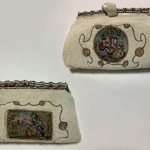 Antique micro beaded petit point tapestry purse needlepoint evening purse themed Victorian clutch purse