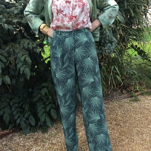 Vintage Dries Van Noten designer trousers green novelty print high end runway trousers unisex botanical mid- high rise slacks tailored
