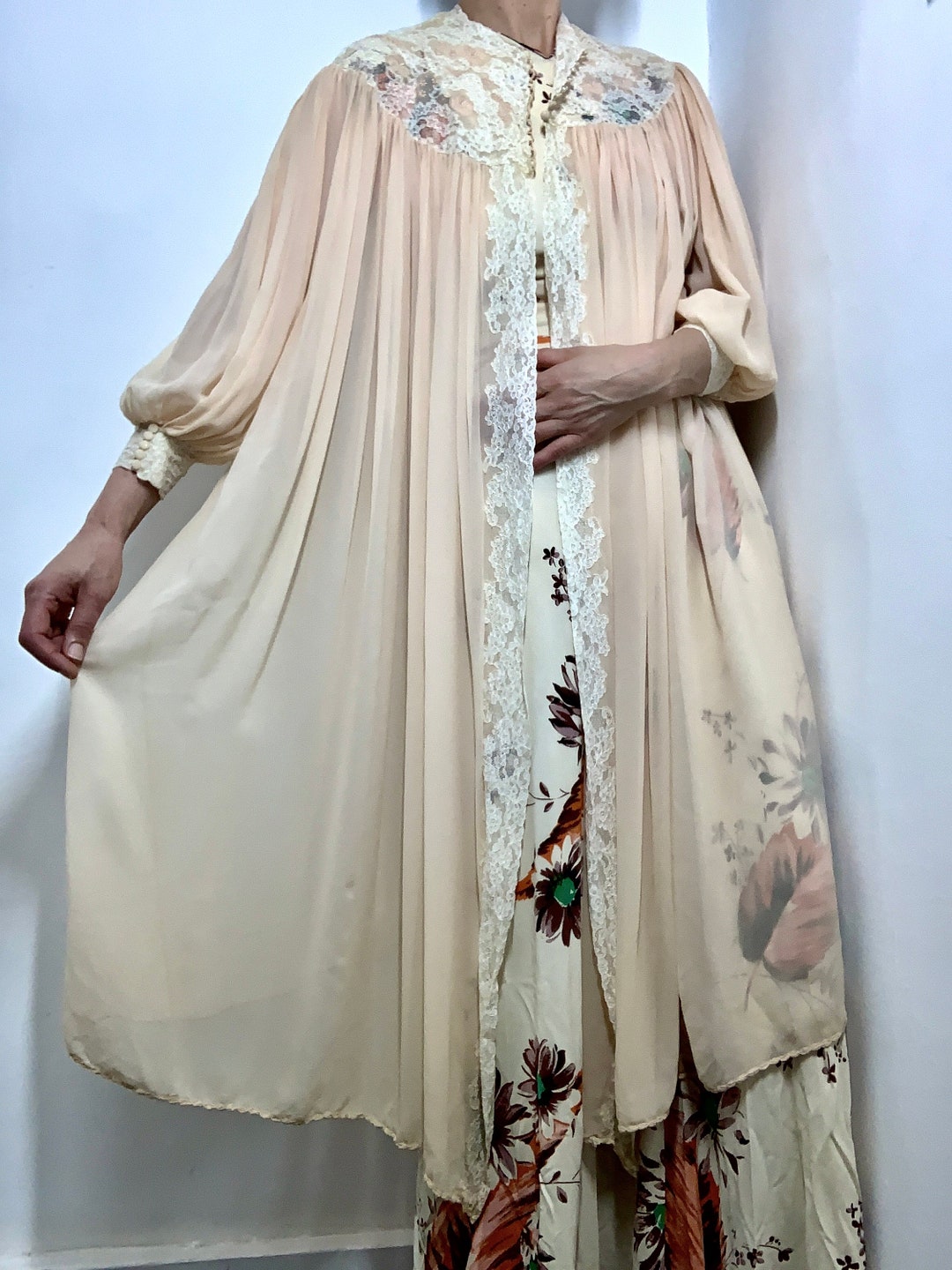 Vintage 1930s Silk Chiffon Robe Lace Peignoir Lingerie Lounge Wear ...