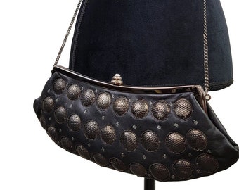 Handmade Leather Clutch: Brass Disc Embellished Art Deco Evening Bag