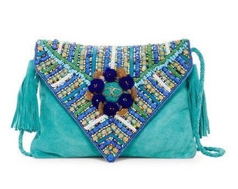 Boho Leather Clutch: Beaded Flap, Woven Strap