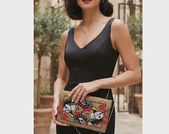 Queen of Hearts Beaded Clutch, Handmade Crossbody Bag