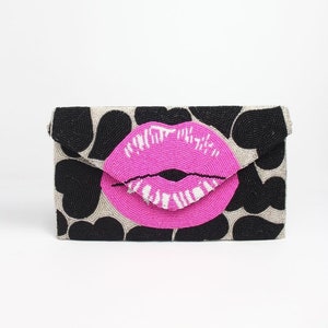 Beaded Pink Lips Clutch: Handmade Evening Bag with Chain Strap