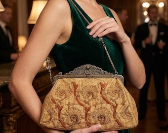 Large gold tapestry carved metal frame Victorian bag