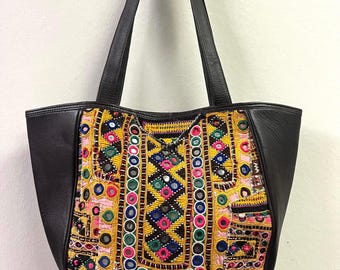 Handmade Leather Hobo Tote Bag:  Embroidered Detail